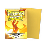 Yellow matte standard-sized sleeves for trading cards from THE MIGHTY HOBBY SHOP, shown in a flat box layout.