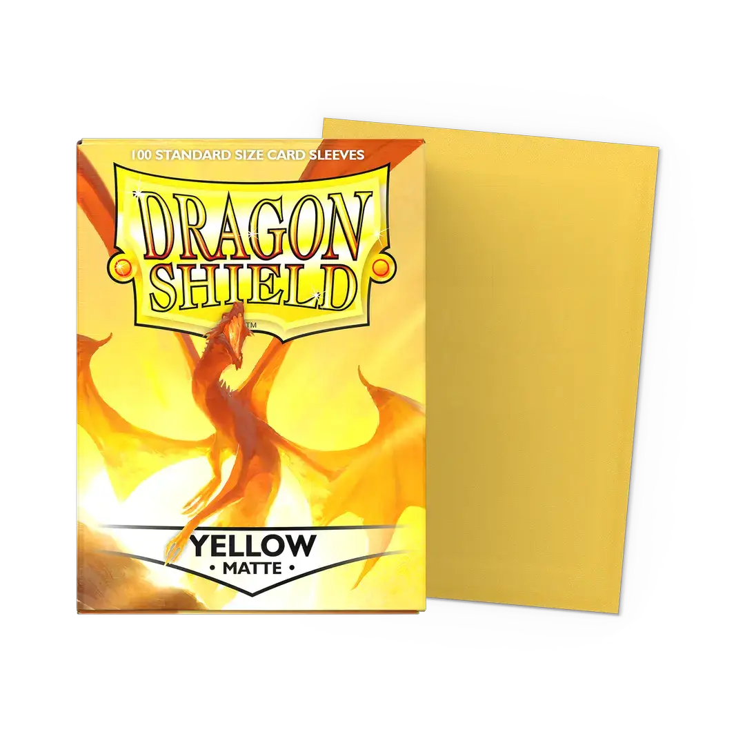 Yellow matte standard-sized sleeves for trading cards from THE MIGHTY HOBBY SHOP, shown in a flat box layout.