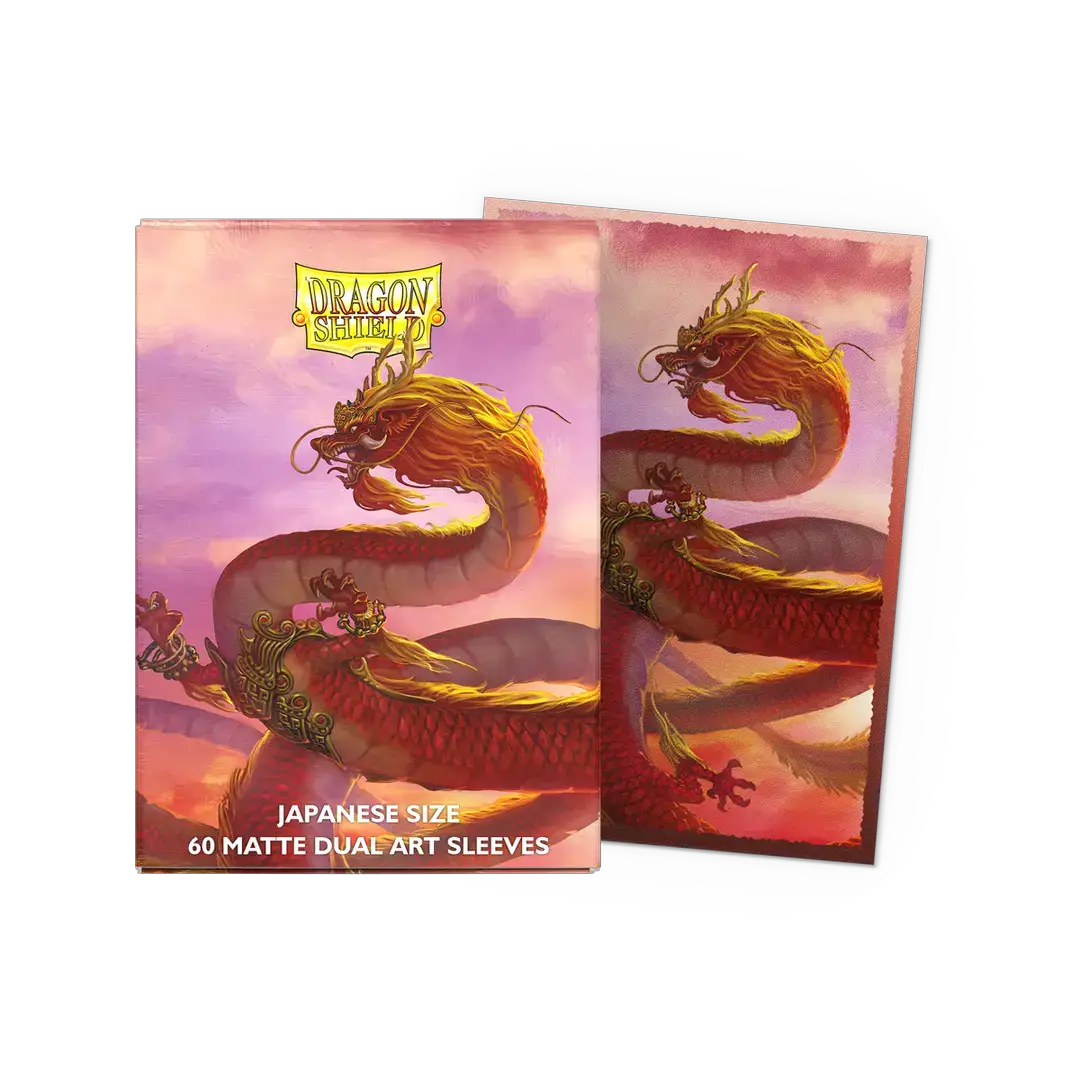 Flat view of Wood Dragon 2024 Matte Dual Art Sleeves in Japanese size, featuring detailed dragon artwork on the packaging.