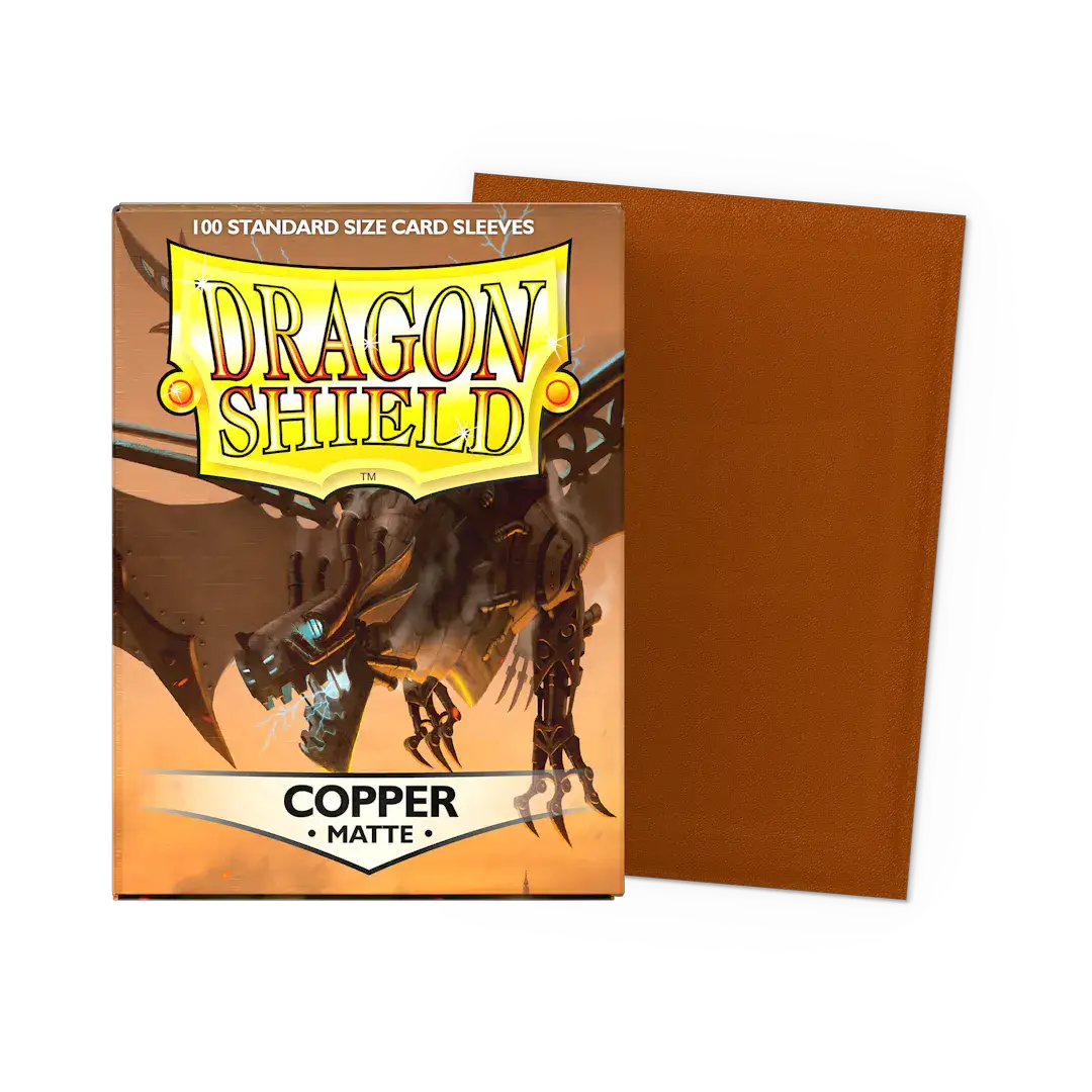 Flat image of a matte copper standard-sized sleeve for trading cards, designed for protection and storage.