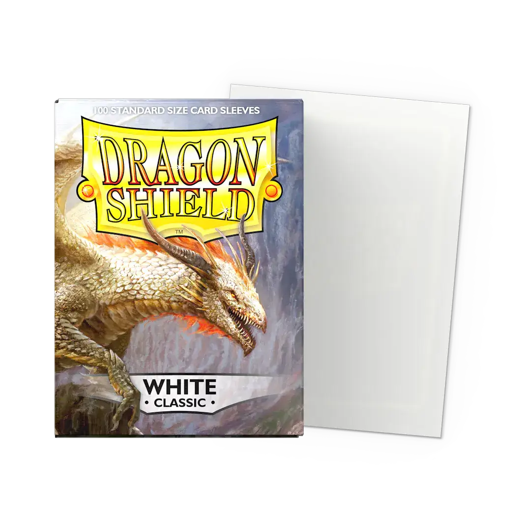 White Classic Sleeves for trading cards, standard size, by THE MIGHTY HOBBY SHOP, shown in a flat box image.