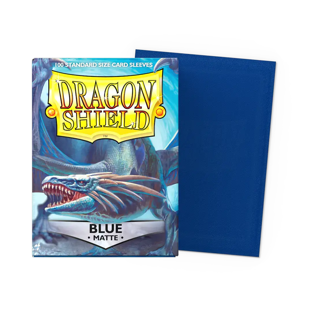 Blue matte standard size sleeves for trading cards from THE MIGHTY HOBBY SHOP, shown in a flat box image.