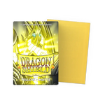 Flat image of a yellow matte Japanese-size card sleeve from THE MIGHTY HOBBY SHOP, designed to protect trading cards.