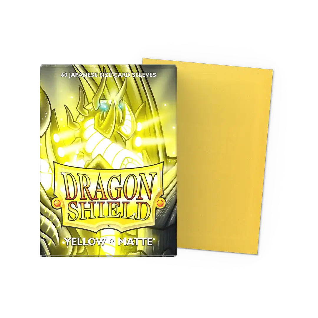 Flat image of a yellow matte Japanese-size card sleeve from THE MIGHTY HOBBY SHOP, designed to protect trading cards.