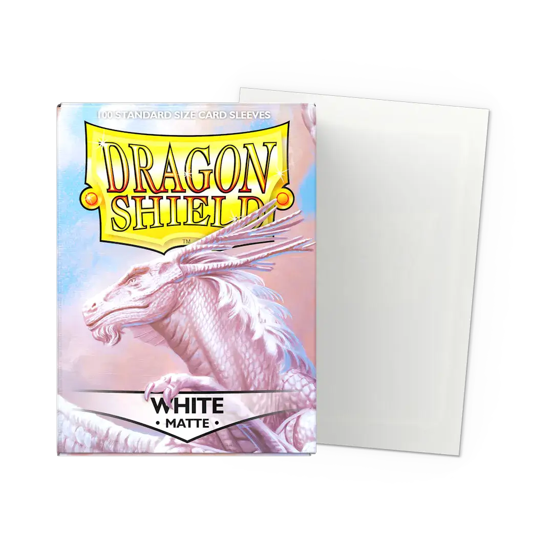 White matte standard-sized sleeves for trading cards, shown in a flat view, from THE MIGHTY HOBBY SHOP.