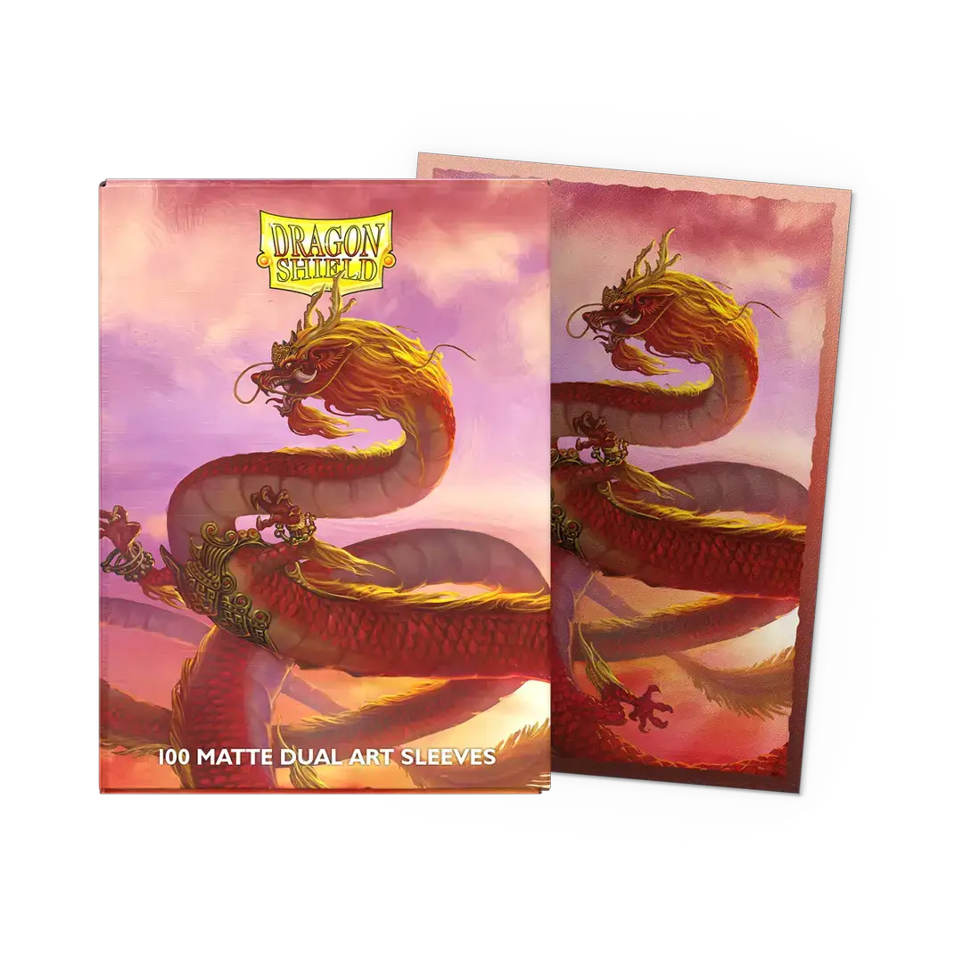 Flat image of Wood Dragon 2024 matte dual art sleeves in standard size by THE MIGHTY HOBBY SHOP, showing colorful dragon artwork on the box.