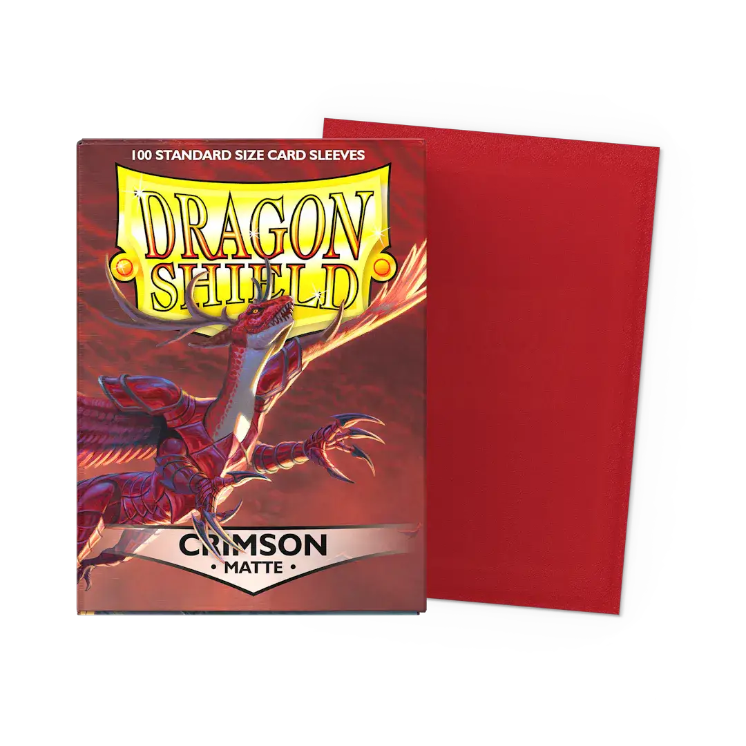 Flat image of a crimson matte standard-sized sleeve box from THE MIGHTY HOBBY SHOP, designed for storing trading cards.