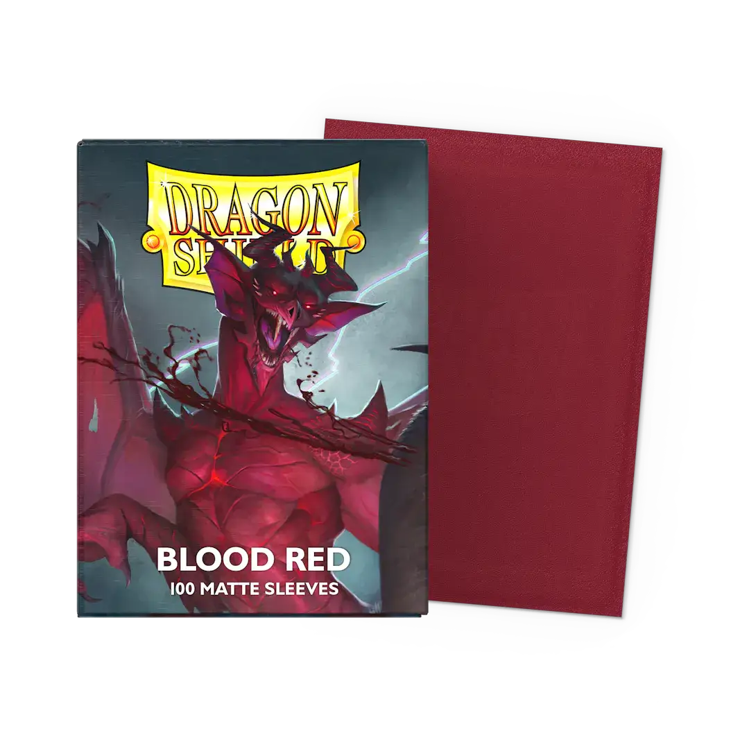 Blood Red matte trading card sleeves in standard size with flat design, ideal for protecting collectible cards.