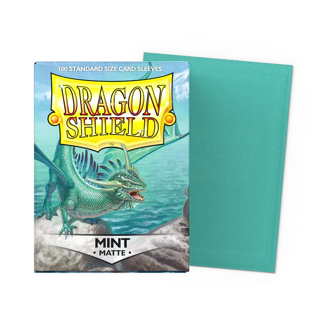 Flat image of a standard-sized Mint Matte Sleeves box from THE MIGHTY HOBBY SHOP, showing the packaging design.