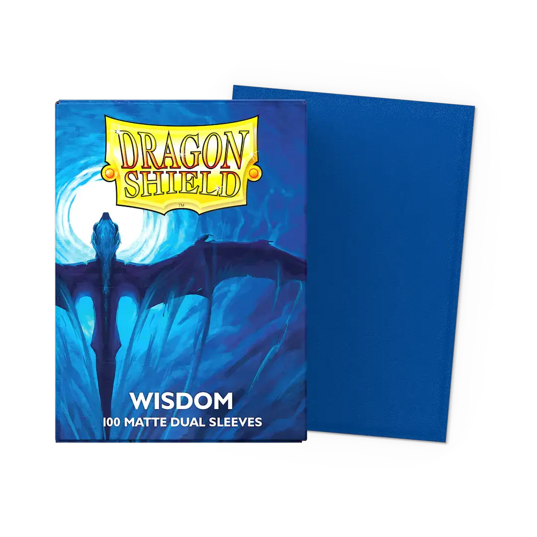 Flat image of Wisdom Matte Dual Sleeves in standard size by THE MIGHTY HOBBY SHOP, showing clear, protective card sleeves for trading cards.