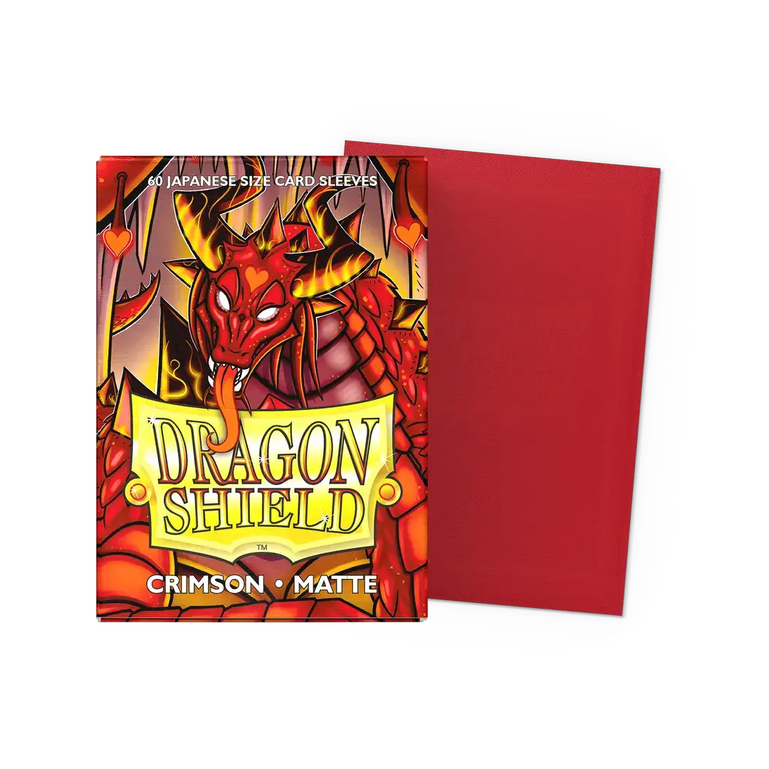 Crimson matte sleeves for Japanese size cards, flat box with sleeve packaging from THE MIGHTY HOBBY SHOP, ideal for protecting collectible cards.