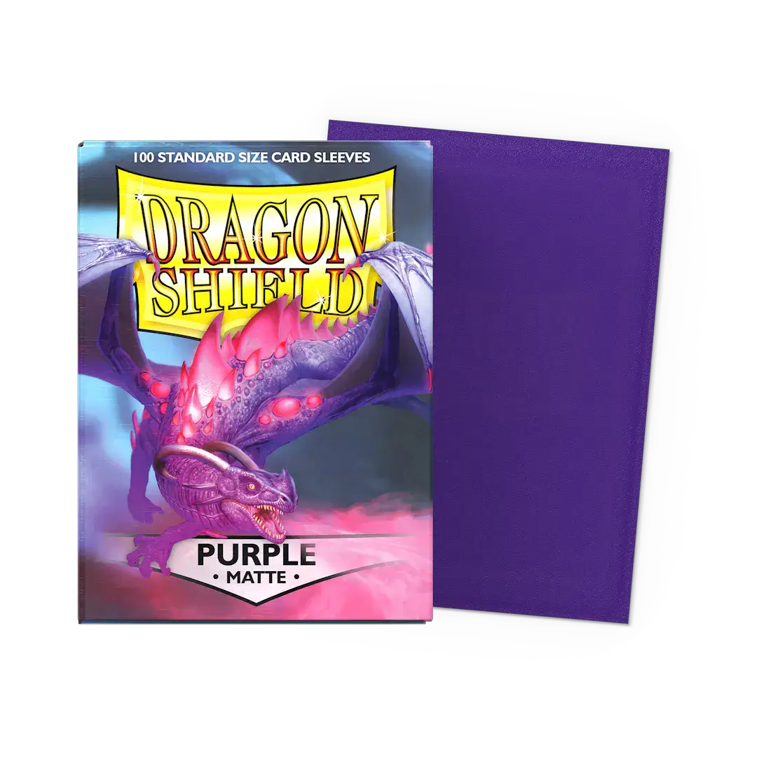 Purple matte standard size card sleeve from THE MIGHTY HOBBY SHOP, shown flat in a box for collectible card protection.