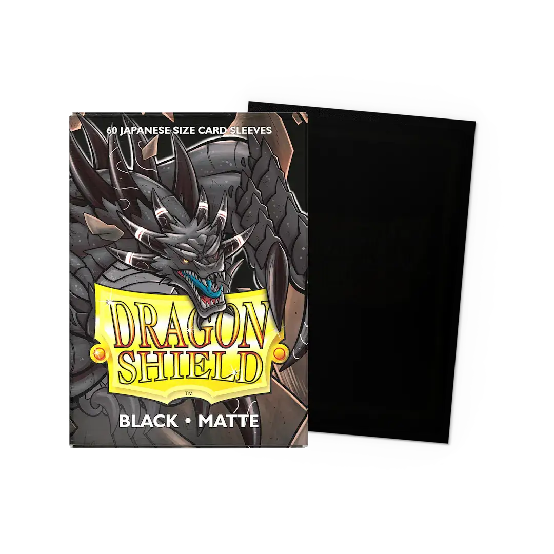 Black matte Japanese size sleeves for trading cards, displayed flat in a box, from THE MIGHTY HOBBY SHOP.