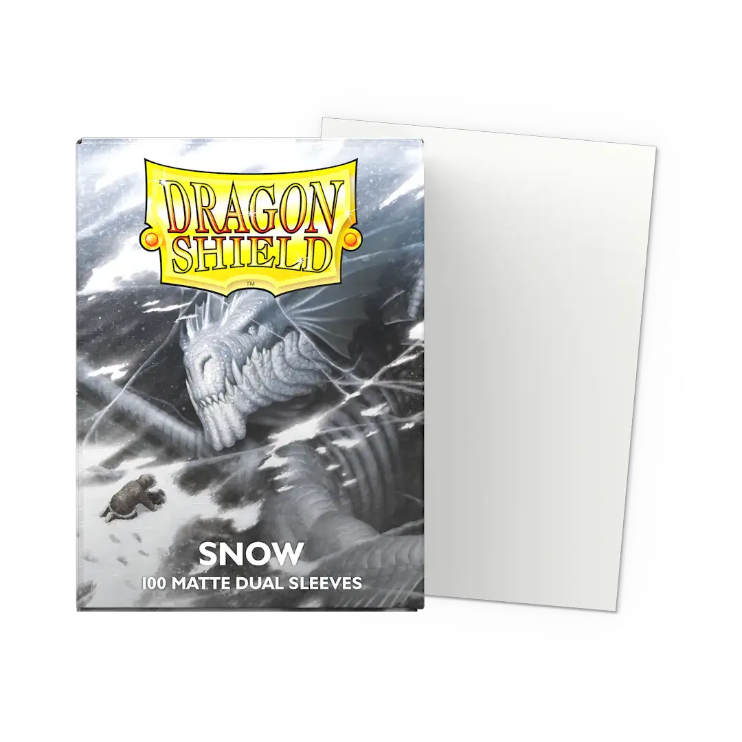 Flat image of a Dragon Shield Snow matte dual sleeves box, standard size, designed for collectible card protection by THE MIGHTY HOBBY SHOP.