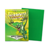 Apple green matte Dragon Shield sleeves in standard size, shown in an open box with sleeves laid flat for trading card protection.
