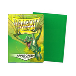 Apple green matte Dragon Shield sleeves in standard size, shown in an open box with sleeves laid flat for trading card protection.