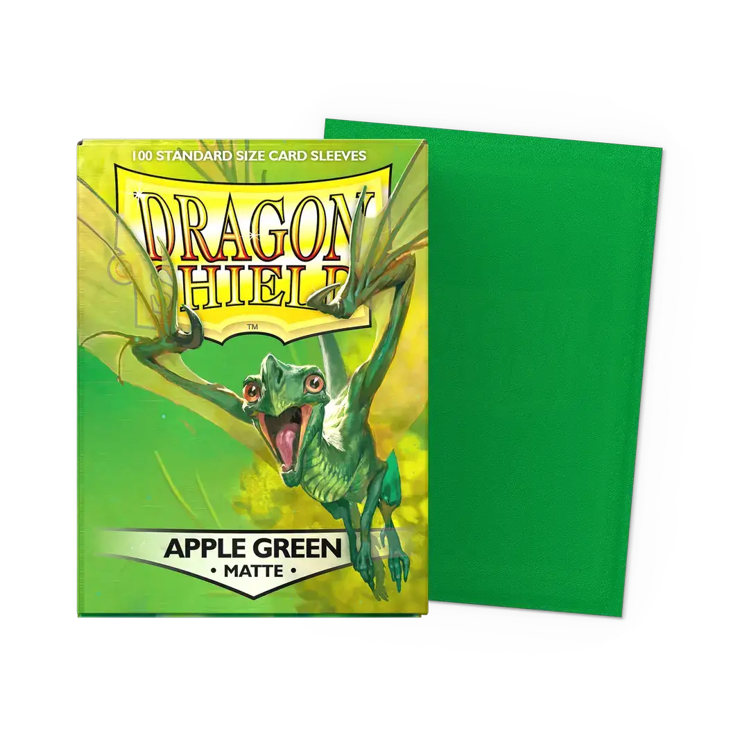 Apple green matte Dragon Shield sleeves in standard size, shown in an open box with sleeves laid flat for trading card protection.