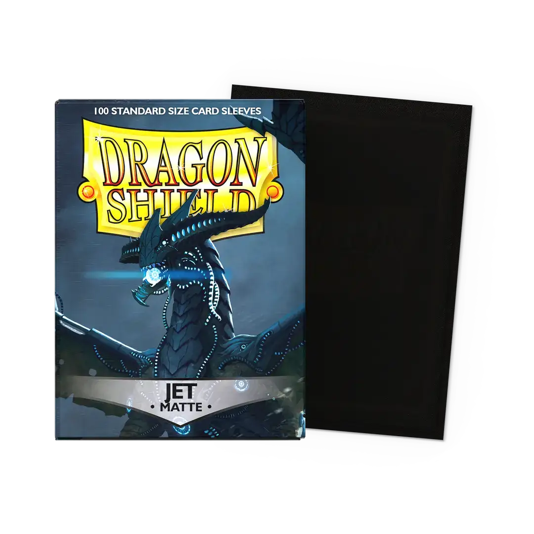 Flat image of a standard-sized matte Dragon Shield Jet card sleeve from THE MIGHTY HOBBY SHOP, showing the blue sleeve inside the box.