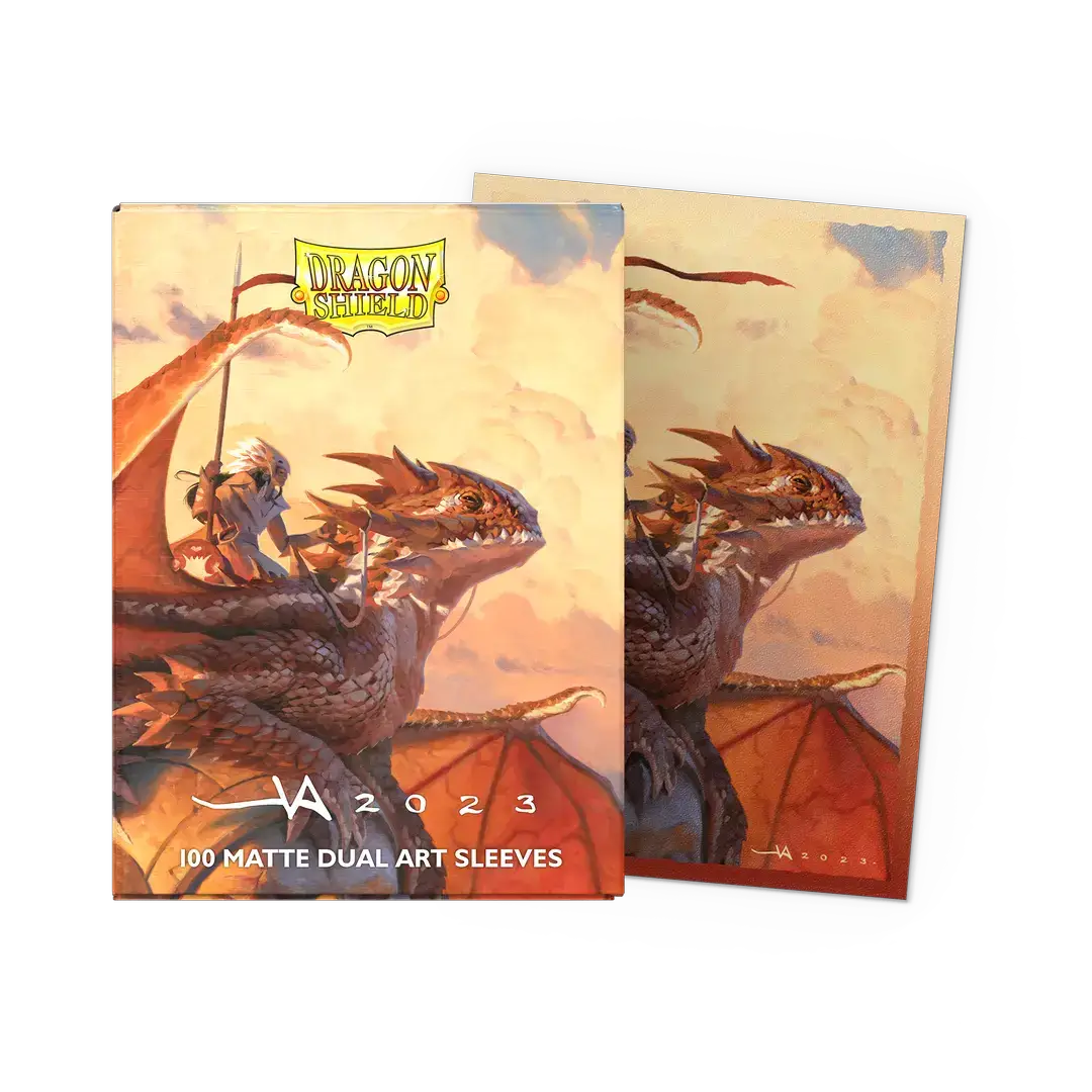 Box of Signature Series The Adameer matte dual art sleeves by THE MIGHTY HOBBY SHOP, showcasing colorful, double-sided card sleeves.