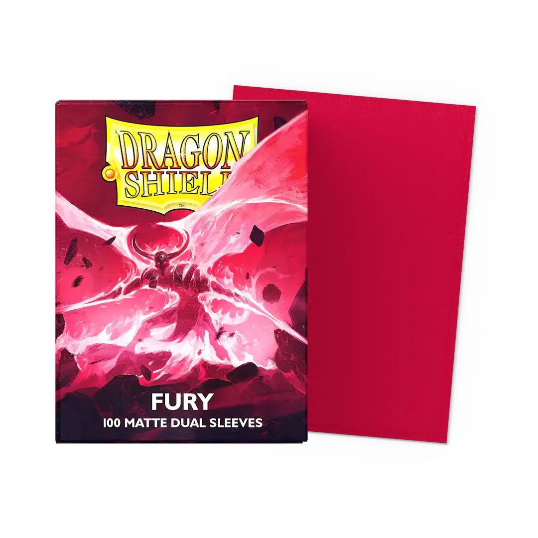 Flat image of a Fury Matte Dual Sleeves Standard Size box from THE MIGHTY HOBBY SHOP, showing the packaging for collectible card sleeves.