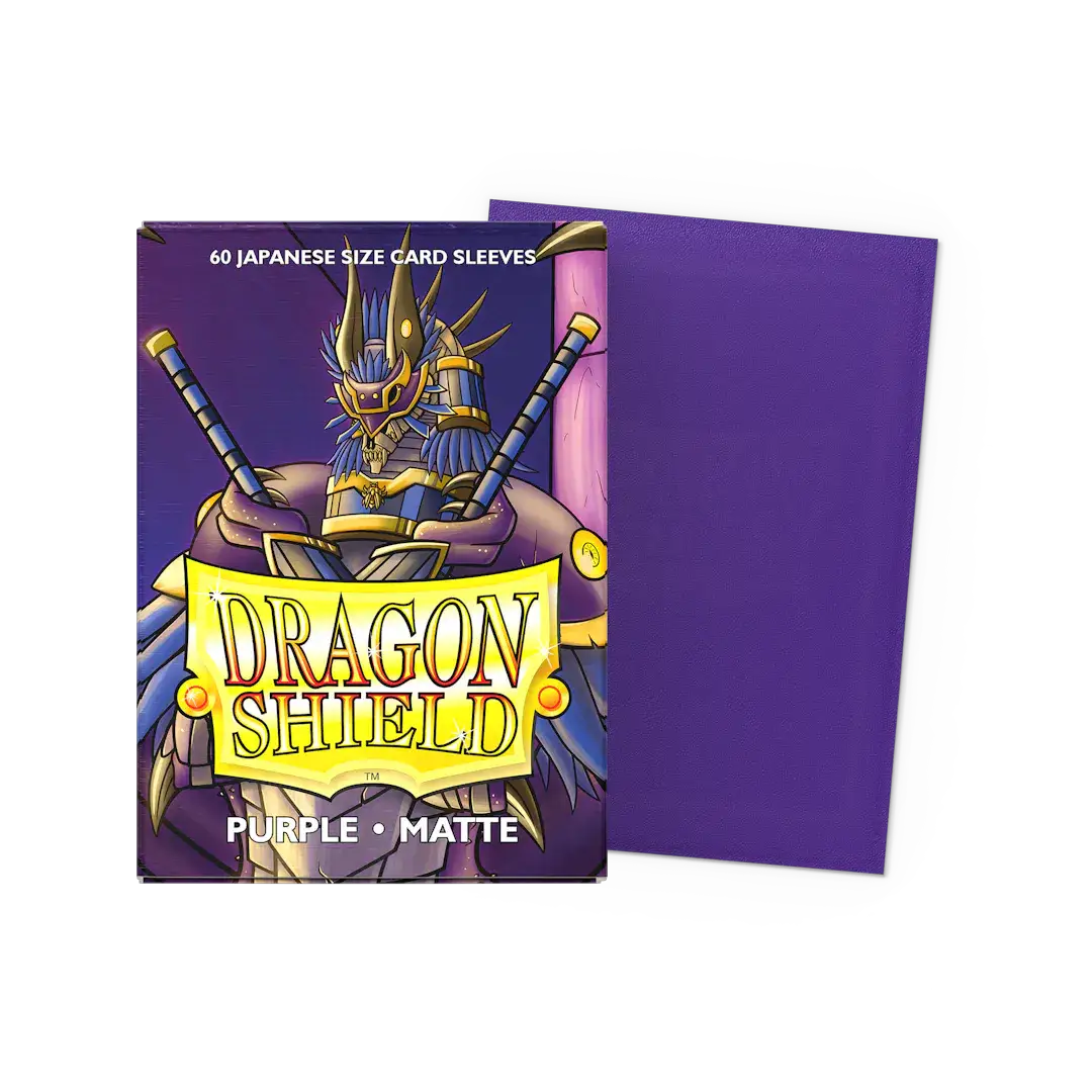 Flat image of two purple matte Japanese-sized sleeves from THE MIGHTY HOBBY SHOP, designed for storing collectible cards.