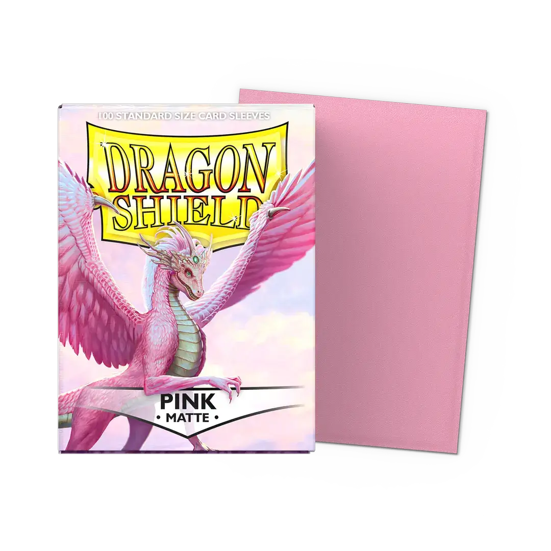 Pink matte standard size sleeves for trading cards, featuring a flat box design from THE MIGHTY HOBBY SHOP.