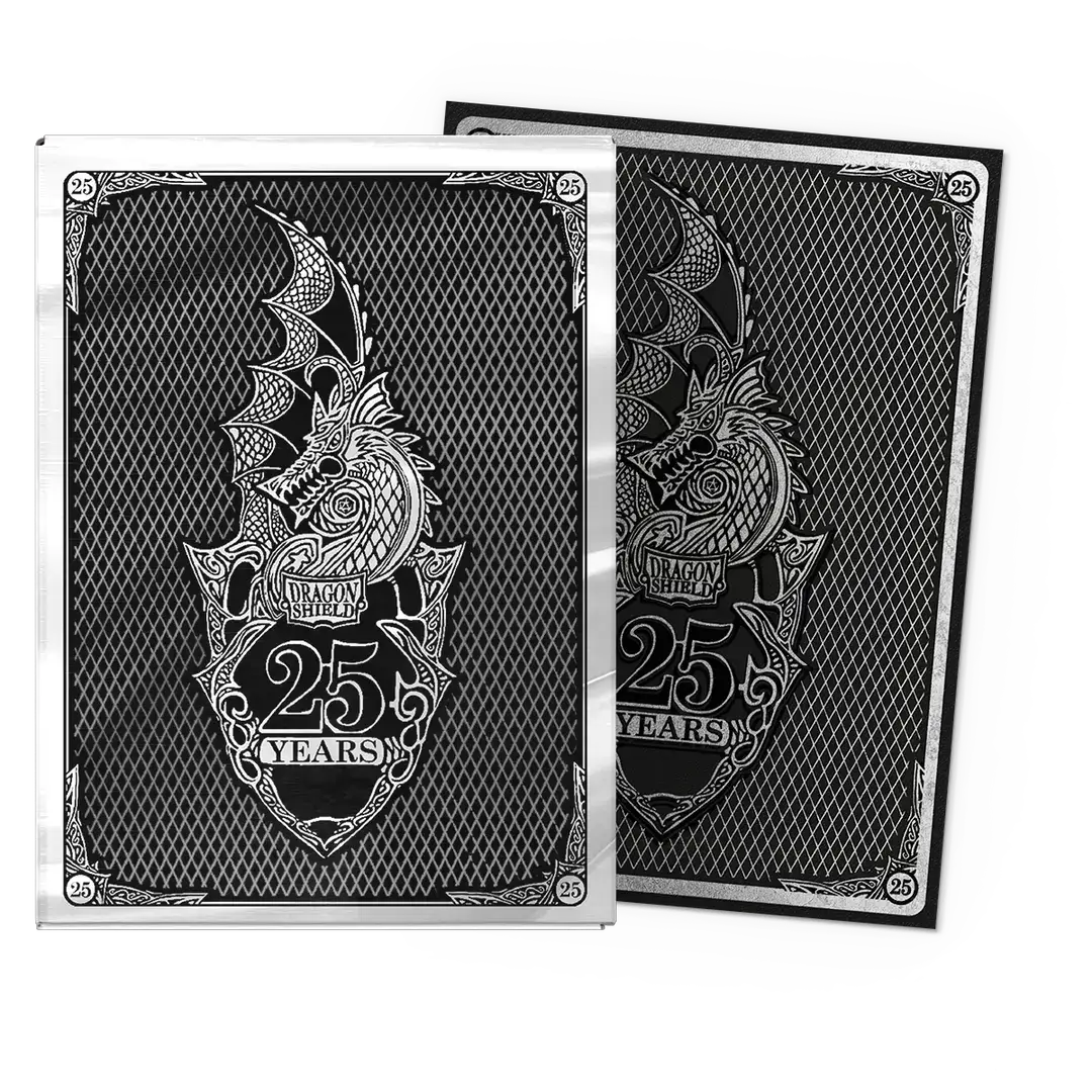 Standard size matte art sleeves for trading cards, 25th anniversary edition by THE MIGHTY HOBBY SHOP, shown in a flat box image.