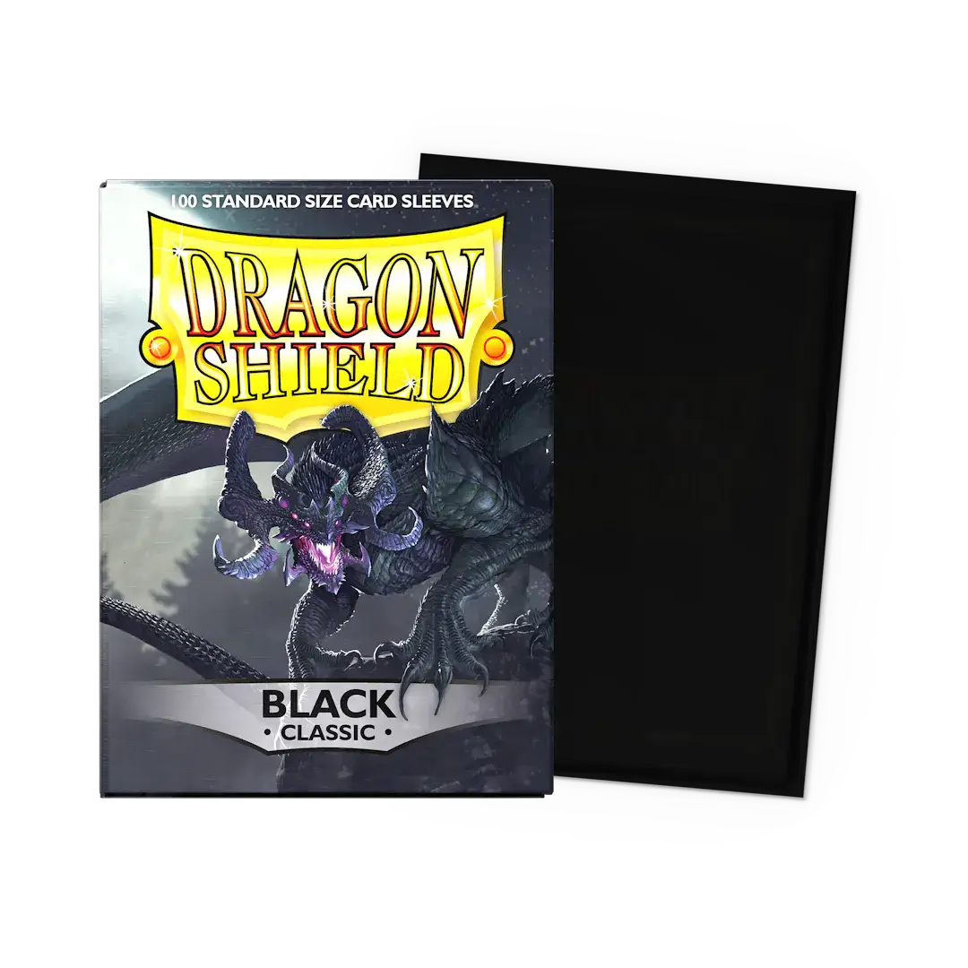 Black classic-sized sleeves for trading cards, flat, standard size, from THE MIGHTY HOBBY SHOP, shown in a box sleeve image.