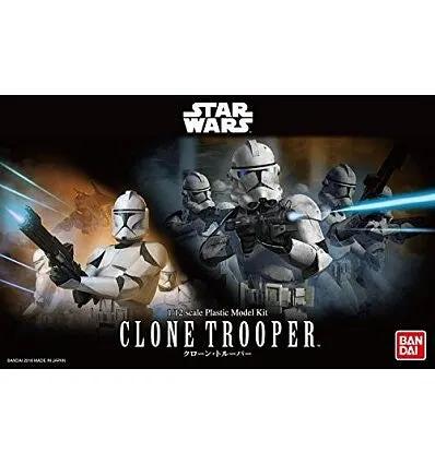 Clone Trooper action figure from Star Wars, detailed plastic model by THE MIGHTY HOBBY SHOP, posed in combat stance.