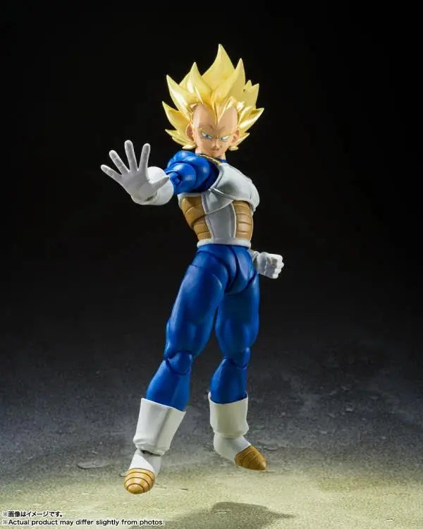 Super Saiyan Vegeta action figure from Dragon Ball Z S.H.Figuarts line, with awakened Super Saiyan blood details, posed with dynamic stance.
