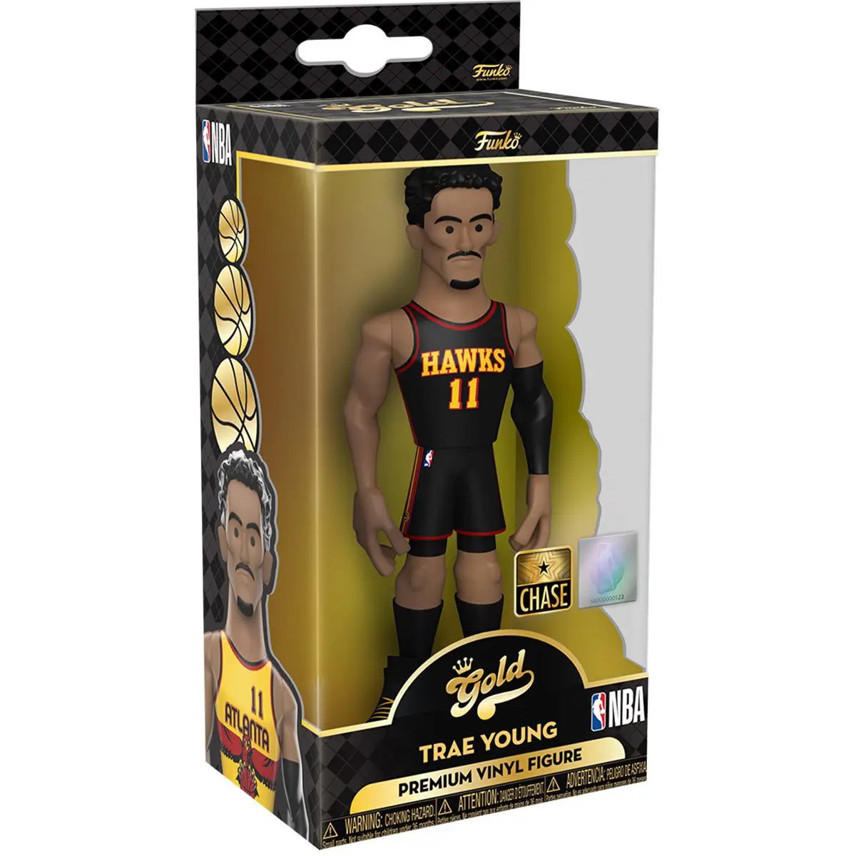Gold vinyl NBA Trae Young figure, 5-inch Hawks collectible, featuring detailed design and vibrant colors.