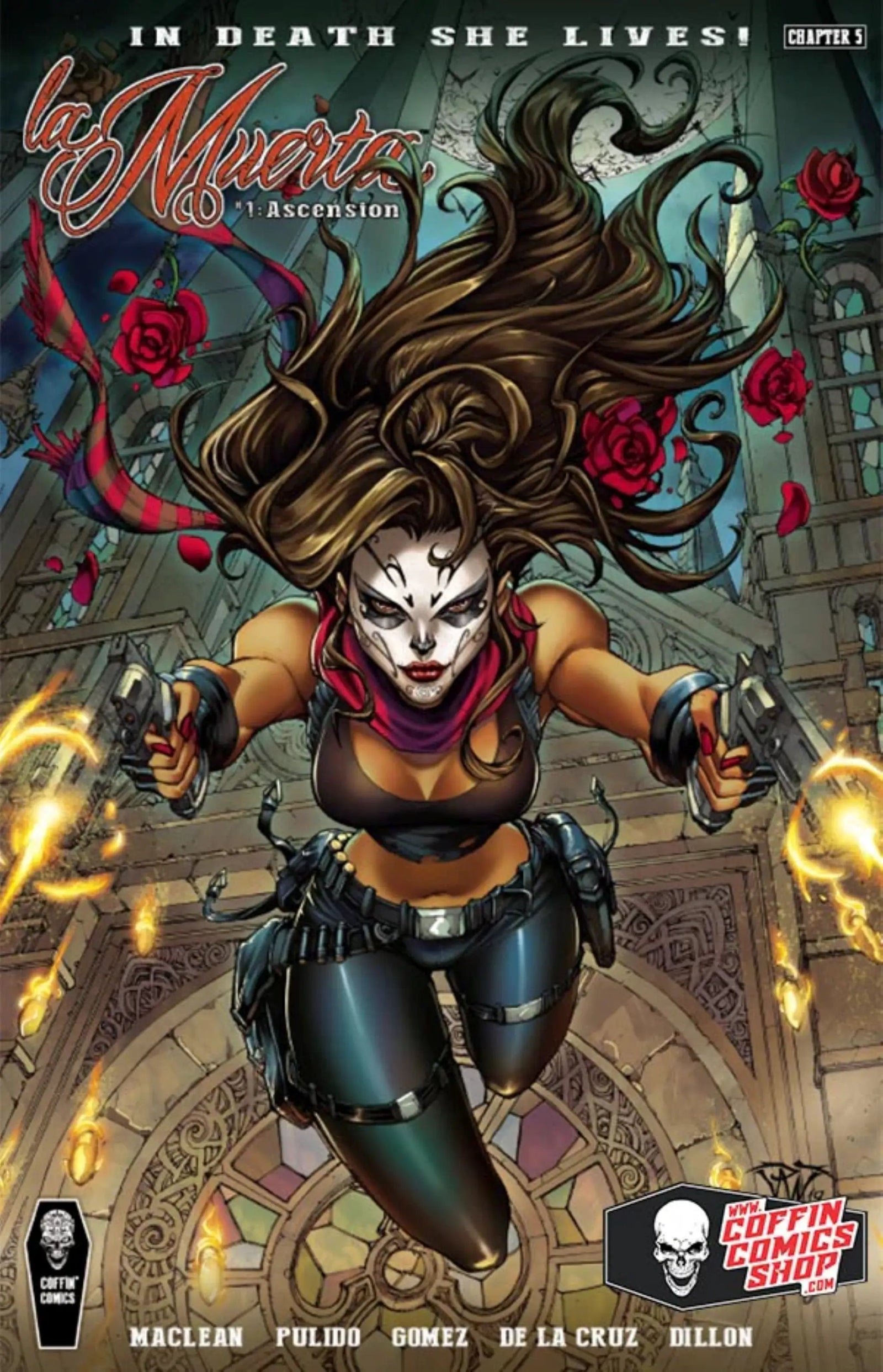 Cover of Coffin Comics' La Muerta: Ascension #1 graphic novel, Premiere Kickstarter Edition, featuring vibrant artwork and La Muerta character.