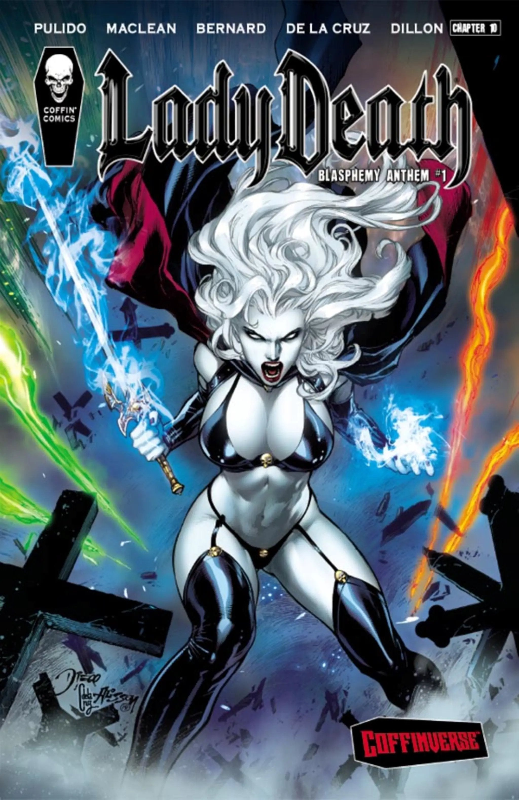 Lady Death: Blasphemy Anthem #1 graphic novel by Coffin Comics, featuring silver foil cover and detailed artwork.