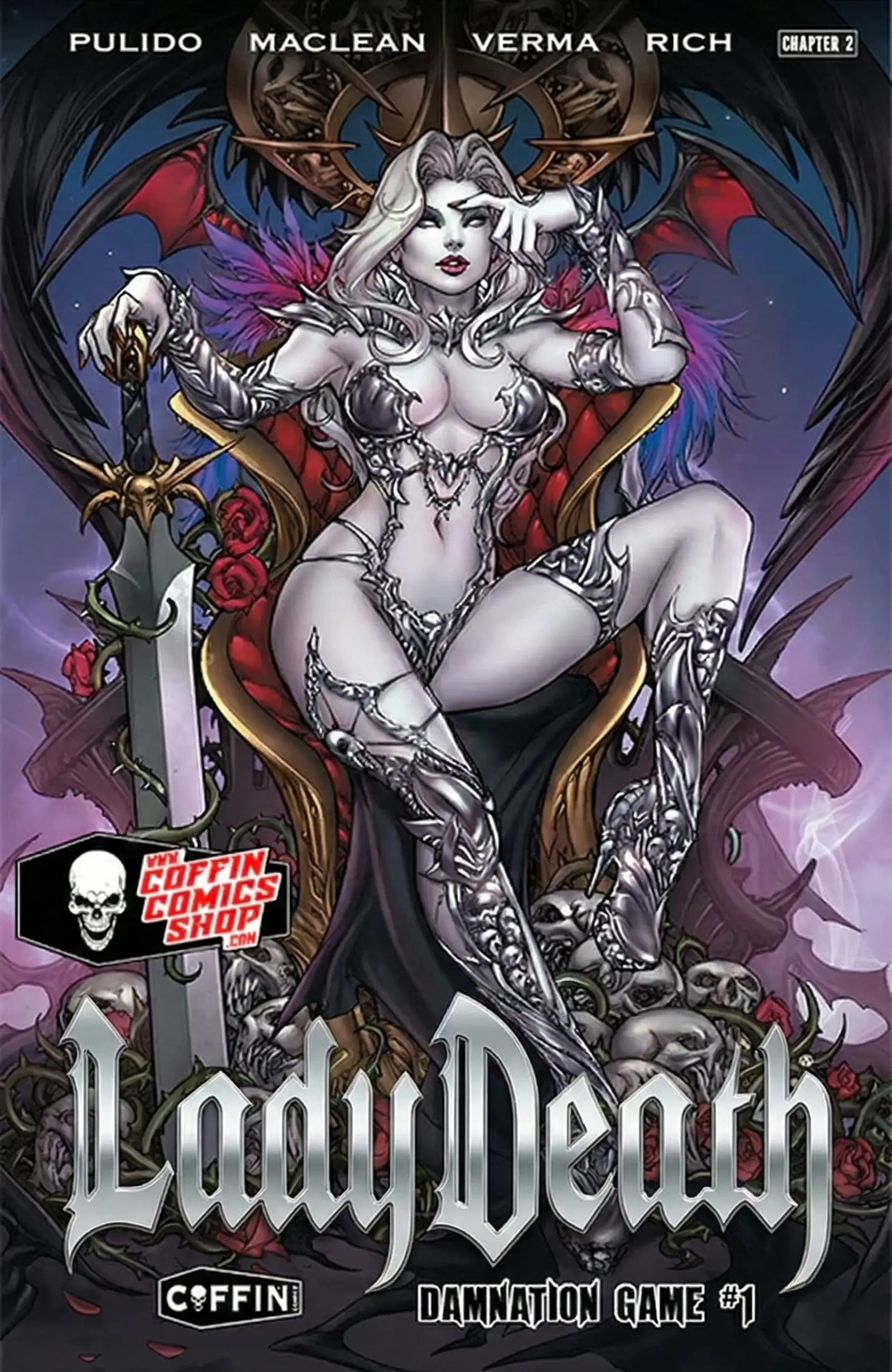 Lady Death: Damnation Game #1 graphic novel by Coffin Comics featuring silver foil cover, premiere Kickstarter edition.