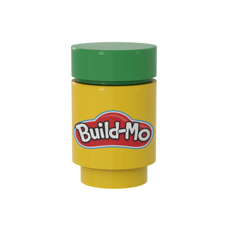 Green Play-Doh can featuring Build-Mo Kids Clay for LEGO minifigs by B3 Customs, with colorful packaging and playful design.
