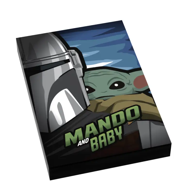 Custom Lego Mando and Baby Grogu Brick Wars movie tile cover, 2x3 size, featuring detailed Mandalorian and Grogu design by B3 Customs.