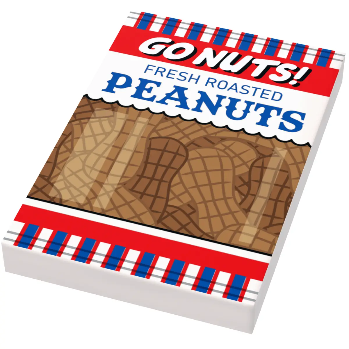 Lego minifigure snack tile depicting a bag of peanuts, designed by B3 Customs, featuring realistic peanut snack imagery.