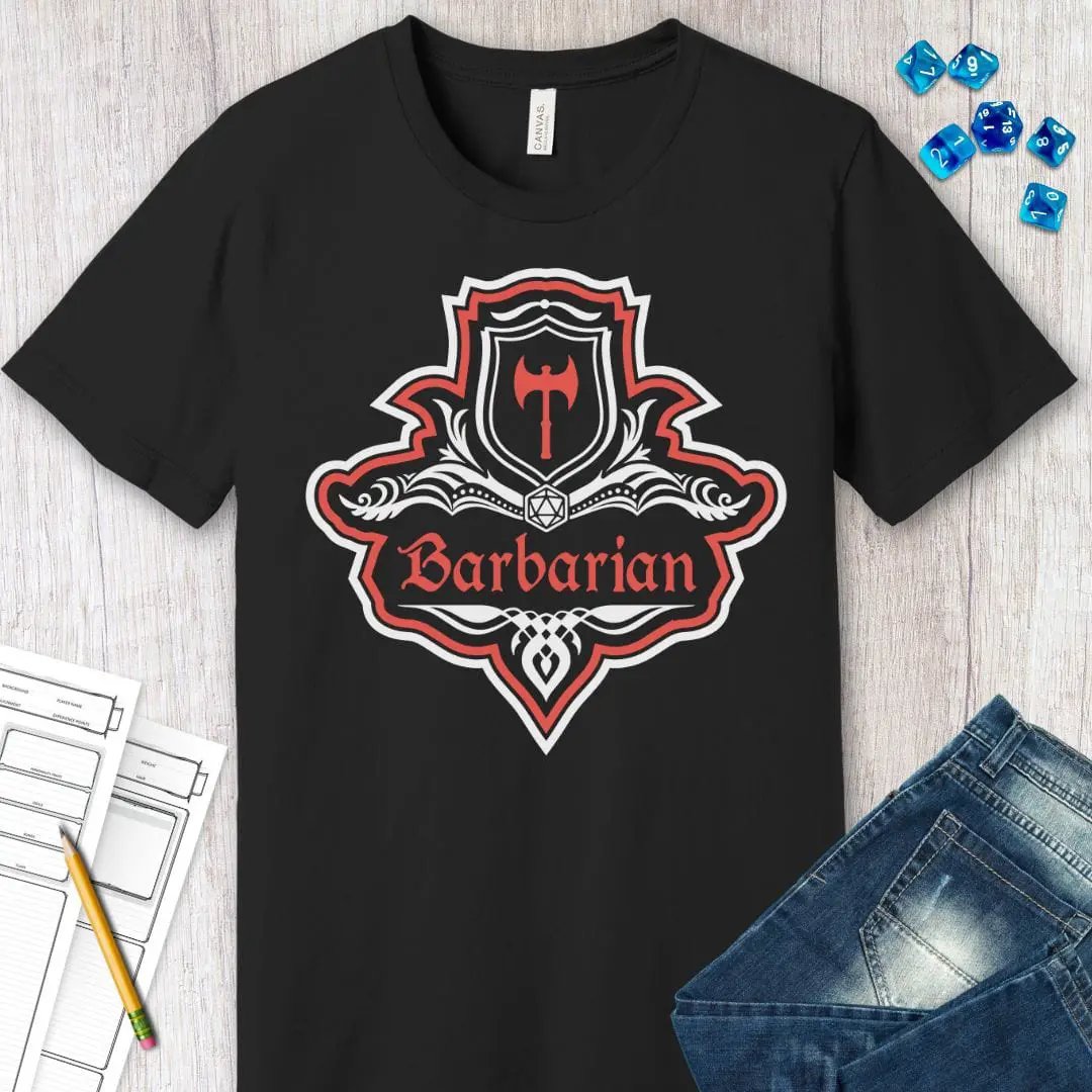 D&D Barbarian Class Fancy Emblem T-Shirt by Sunburst RPG