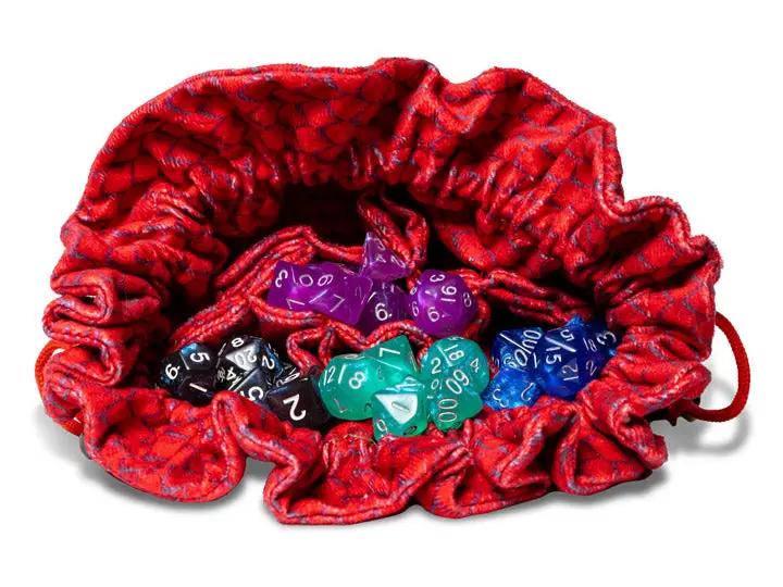 Red velvet Dragon Storm dice bag with dragon scale design and pockets, perfect for tabletop gaming and fantasy enthusiasts.