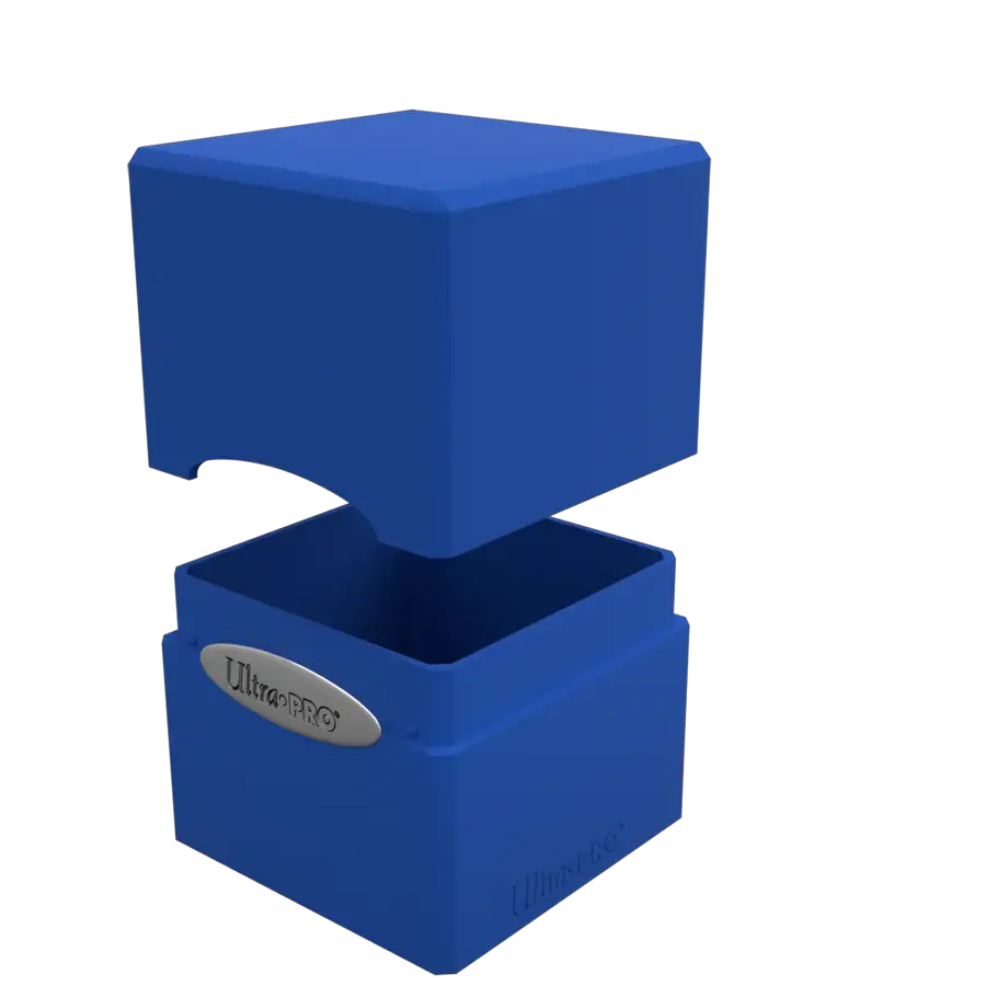Dark blue satin cube puzzle in Pacific Blue from THE MIGHTY HOBBY SHOP, showcasing its smooth, shiny surface and cube shape.