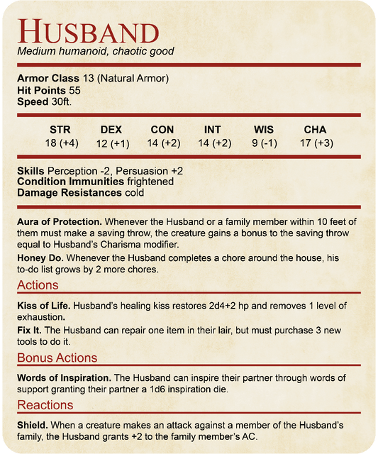 D&D Husband Stat Block T-Shirt