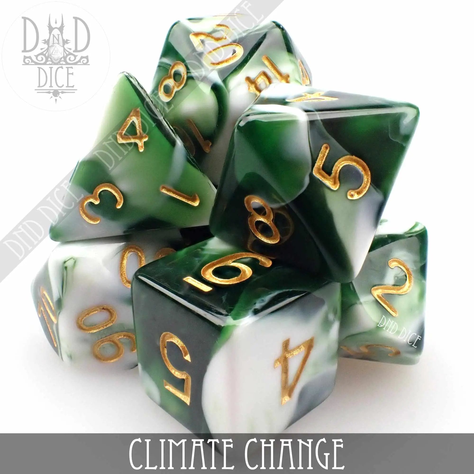 Set of Climate Change themed 7 or 11 dice from DNDDICE.COM, featuring colorful eco-conscious design for tabletop gaming.
