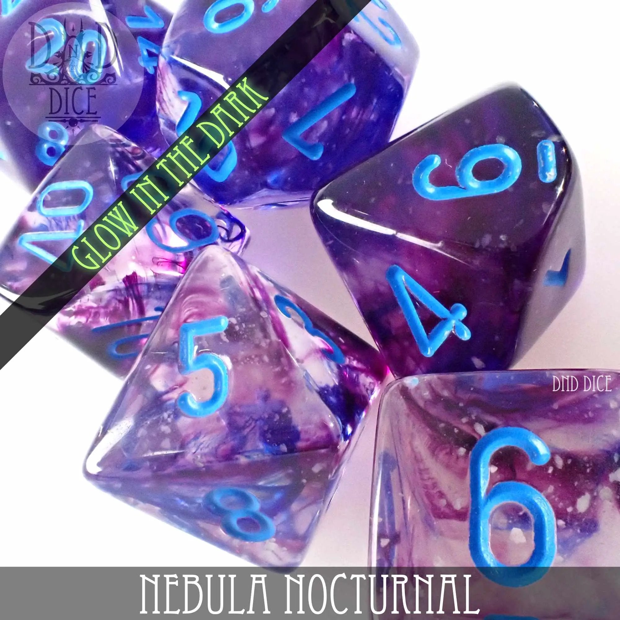 Glow-in-the-dark Nebula Nocturnal 7 or 11 dice set by DNDDICE.COM, featuring vibrant, cosmic-themed polyhedral dice for gaming.
