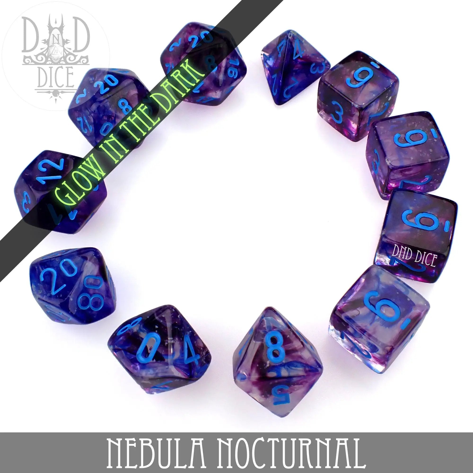 Glowing Nebula Nocturnal 7 or 11 dice set from DNDDICE.COM, featuring colorful, luminous polyhedral dice for tabletop games.