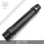 Black dice rolling mat with colorful patterns, ideal for tabletop games and dice sets from DNDDICE.COM.