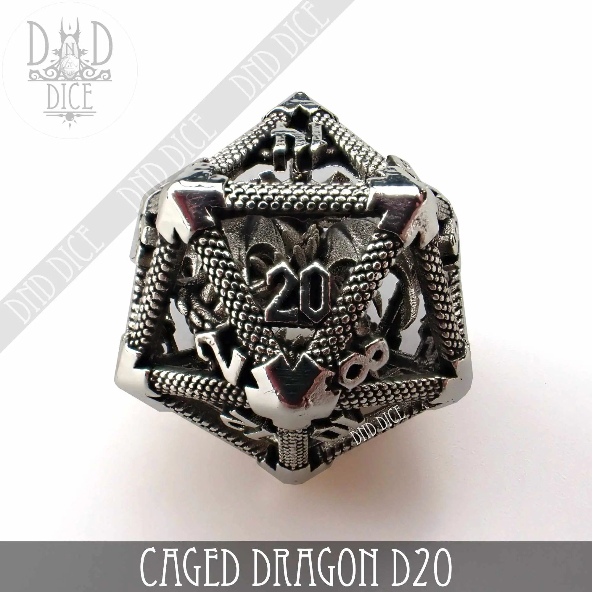 Six colorful caged Dragon D20 dice set by DNDDICE.COM featuring a detailed dragon design in a protective cage.