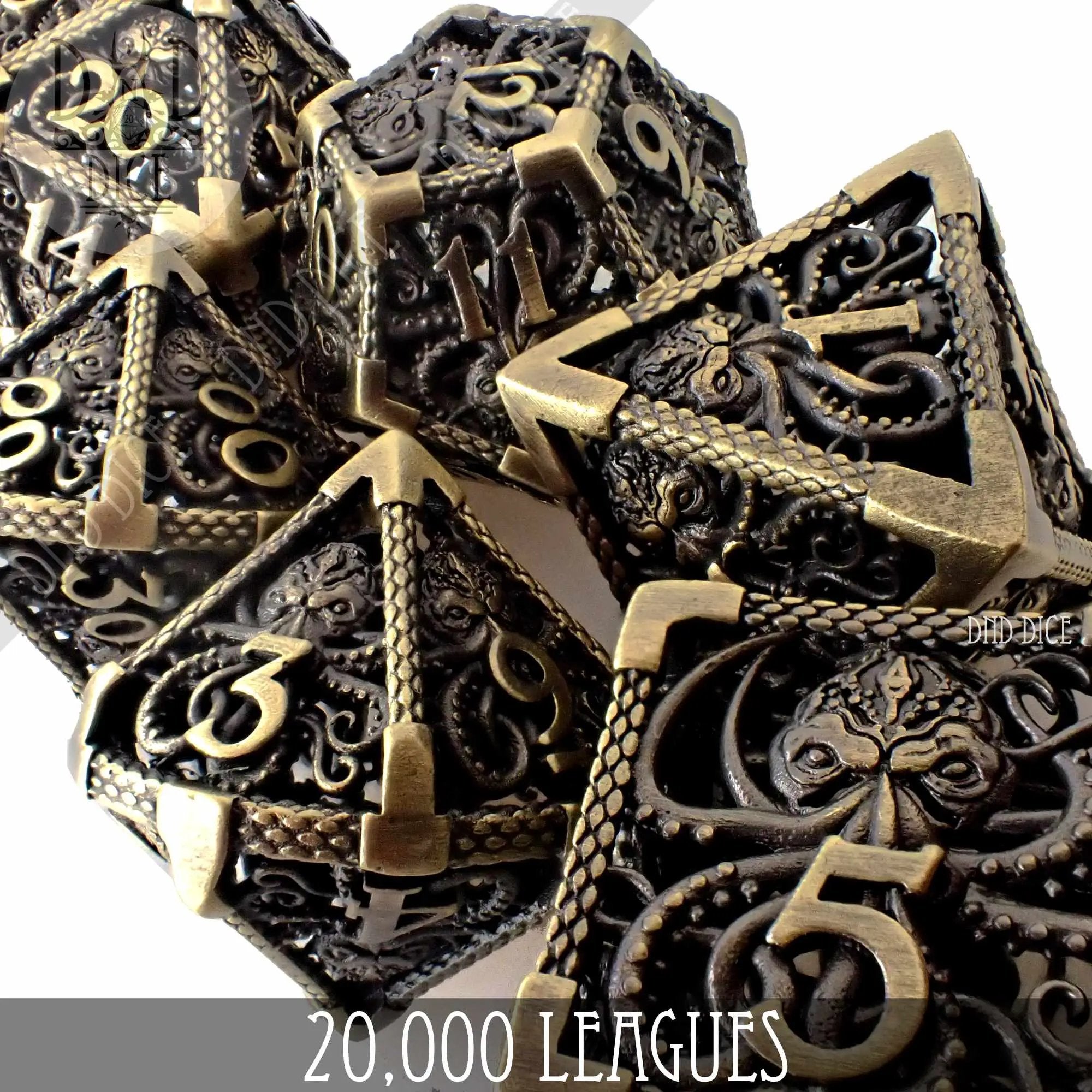 Set of metal dice featuring 20,000 Leagues design in a gift box, perfect for tabletop games and role-playing adventures.