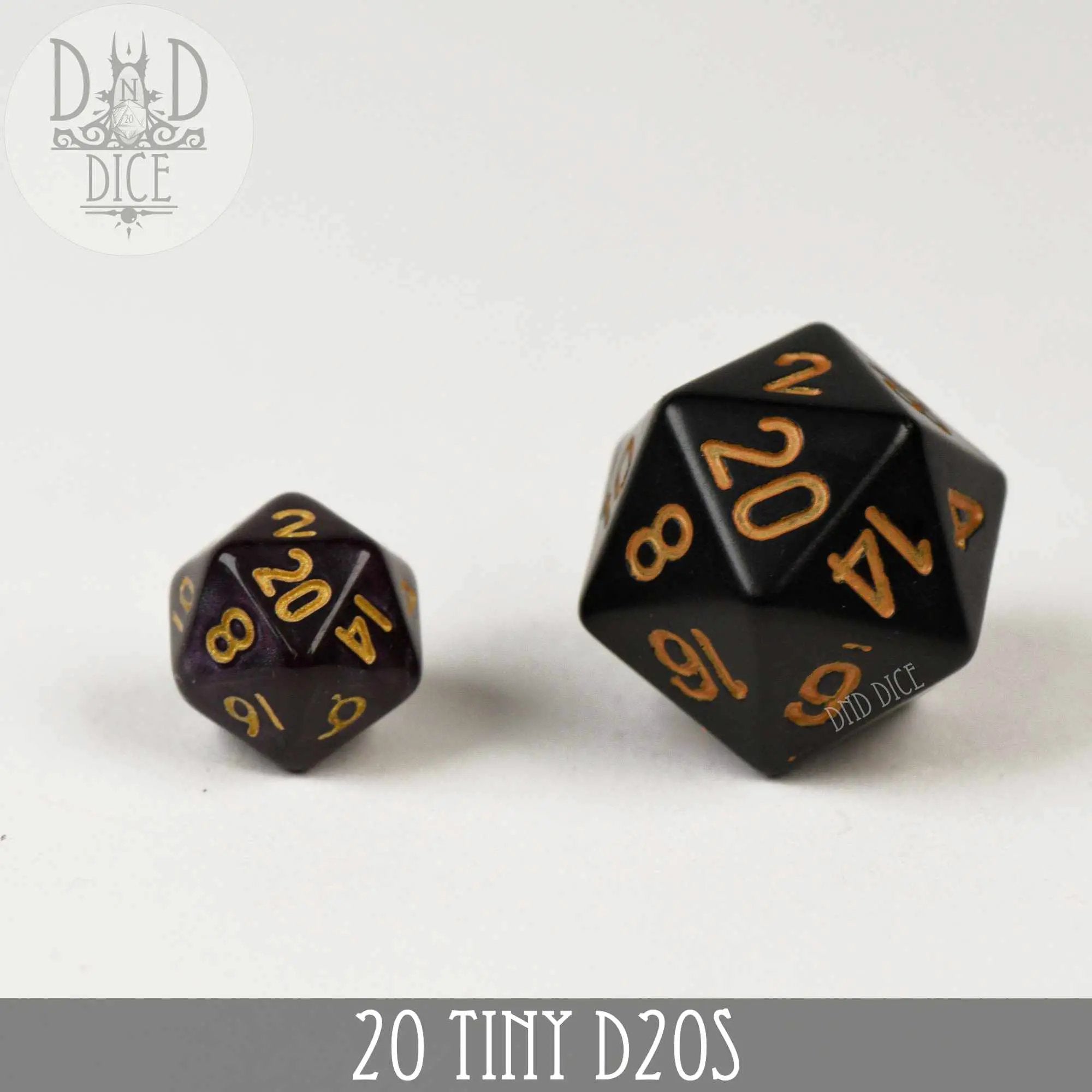 Set of 20 tiny D20 dice from DNDDICE.COM, colorful polyhedral gaming dice for tabletop role-playing games.