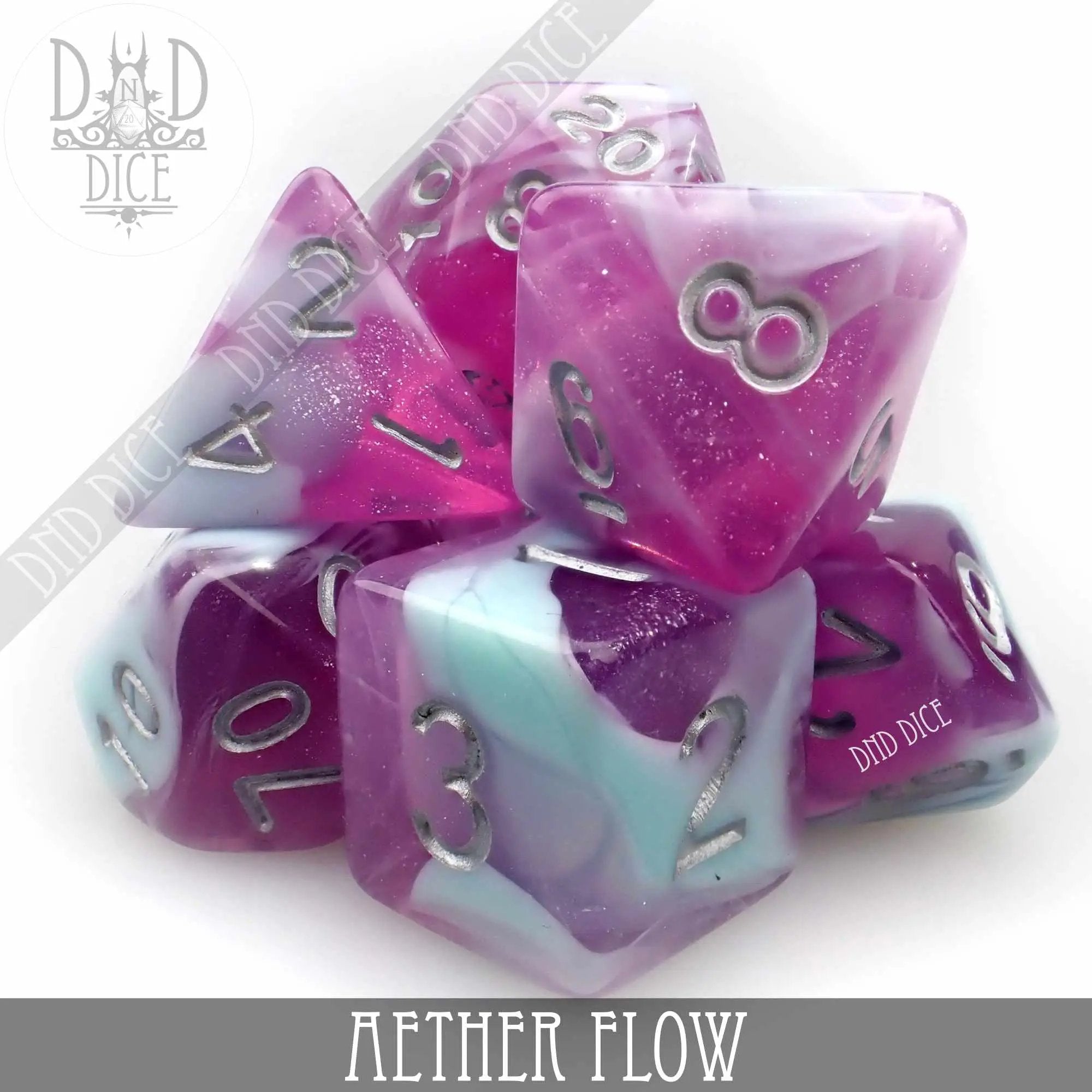 Aether Flow dice set by DNDDICE.COM featuring colorful, translucent polyhedral dice for tabletop role-playing games.