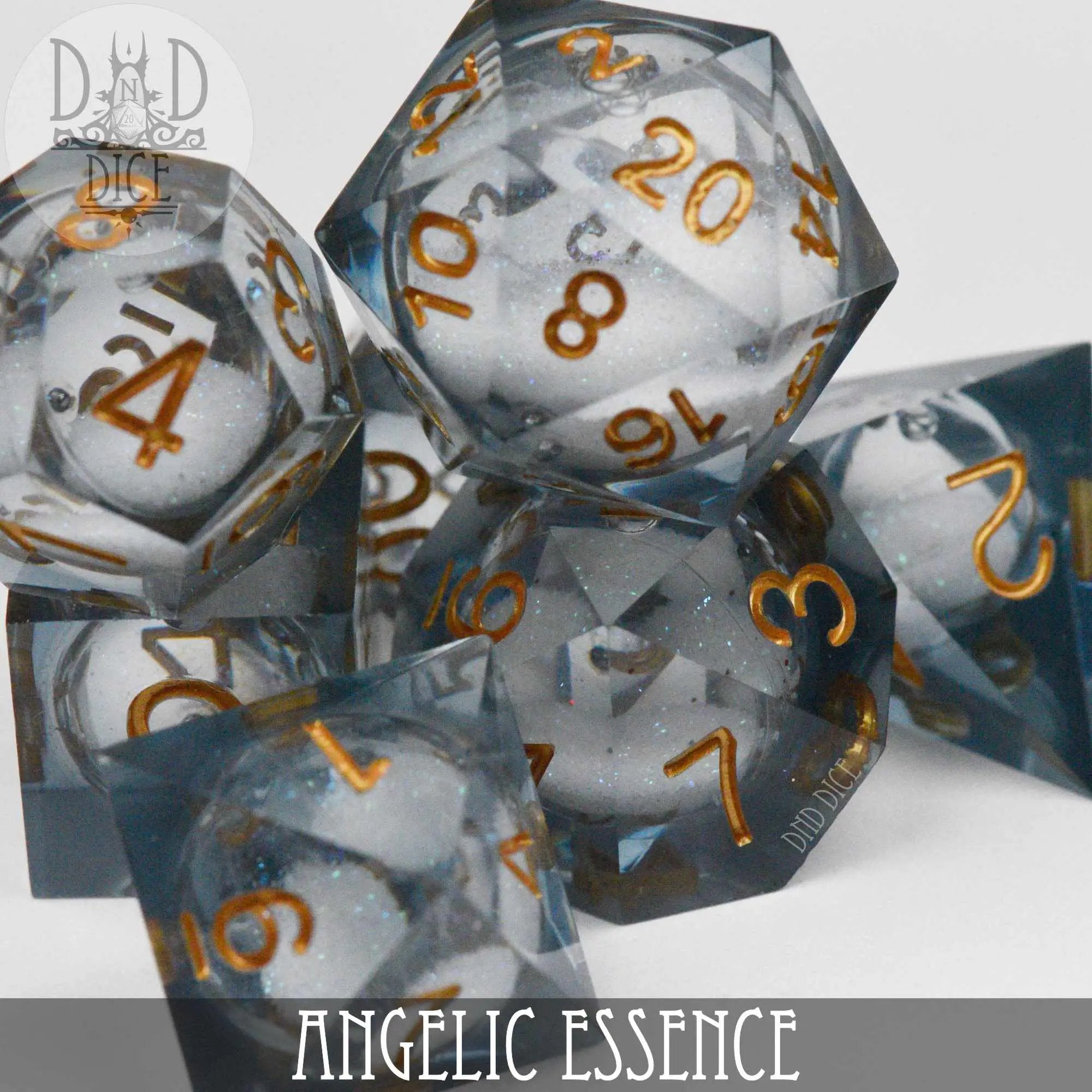 Angellic Essence Liquid Core Dice Set from DNDDICE.COM, featuring colorful, transparent gaming dice on a white background.